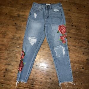 Cello embroidered roses distressed size 1 high waist mom jeans